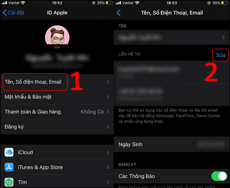 Chọn mục Tên, Số điện thoại, Email  Chọn Sửa.